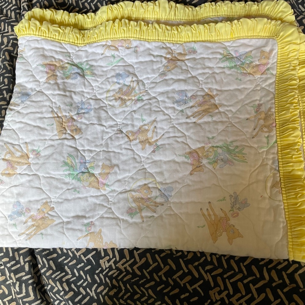 Vintage Bambi Baby Quilt Blanket Yellow Ruffle Trim Nursery Decor 42 x‎ 66